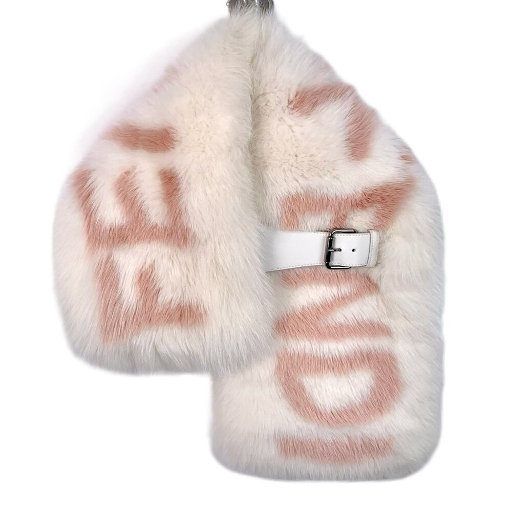 Fendi Fox Fur & Silk Womens Scarf With Buckle White & Pink